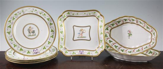 A Wedgwood bone china cherub painted five piece part dessert service, early 20th century, 26cm (7)
